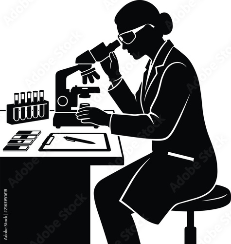Female Laboratory Scientist Using Microscope – Black Silhouette Vector