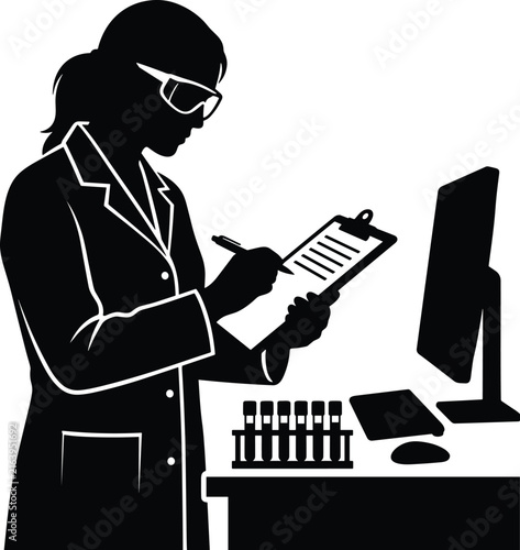 Female Laboratory Scientist Working with Clipboard and Computer