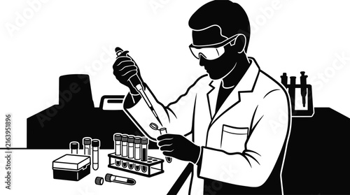 Laboratory Scientist Conducting Scientific Research – Black and White Silhouette Vector