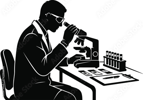 Scientist Examining Samples Through Microscope – Black Silhouette Vector