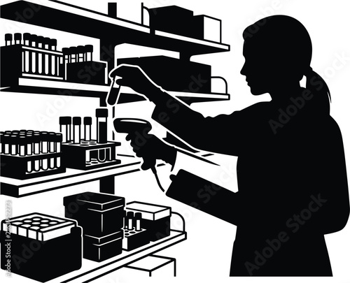 Supermarket Worker Stocking Products on Retail Shelves Silhouette