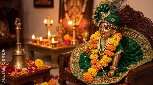 Close-up of brass temple bells swinging in slow motion, blurred Krishna idol decorated with peacock feathers and garlands in the background