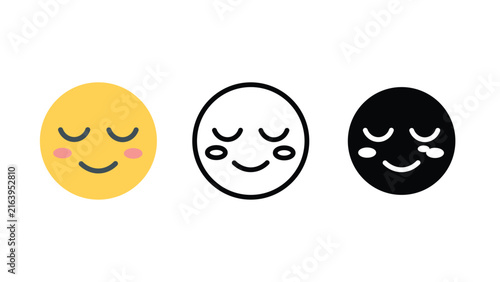 Calm relaxed face emoji emotion icon set outline silhouette and color vector isolated on white background
