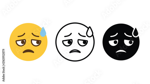 Sad, worried face emoji emotion icon set outline silhouette and color vector isolated on white background
