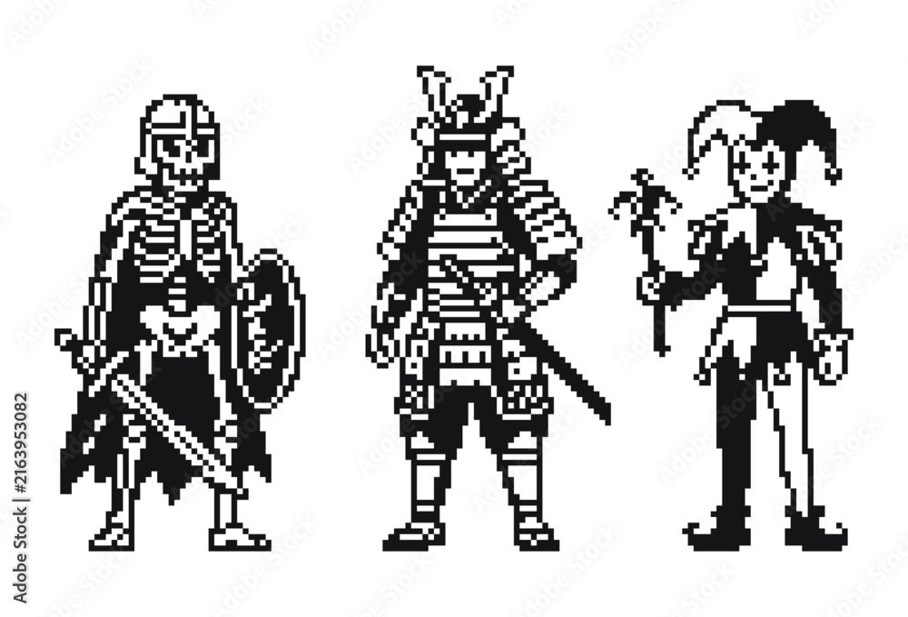 Fototapeta premium Skeleton Warrior Samurai and Jester Black and White Pixel Art Vector Character Set