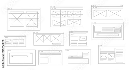Collection of website wireframes and ui layouts for digital design with displays set browser window wireframes