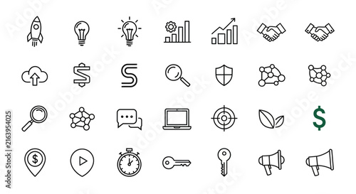 Collection of business and technology icons on white background with grid various black line icons related business technology finance plain