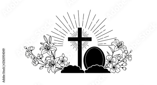 Easter cross with black white illustration cross cross tomb flowers flowers sun rays christianity resurrection decoration religion symbol with Lilies