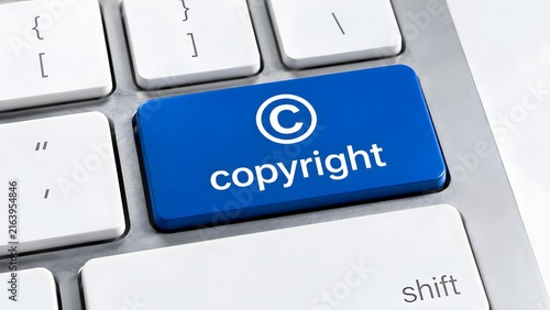 Blue keyboard key displaying copyright symbol. Concept of intellectual property protection, trademark registration, and digital rights.