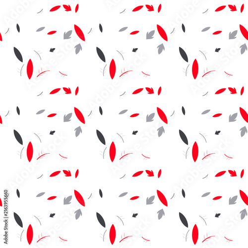 Abstract seamless pattern with minimalist red and grey geometric leaf shapes on a clean white background design