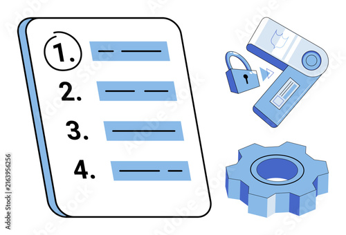 Bild auf Leinwand Checklist with numbered list hardware wallet and gear icon vector illustration