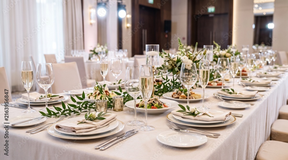 Fototapeta premium Elegant wedding reception table setting, luxury banquet hall with floral centerpieces, formal dinner party arrangement with champagne glasses
