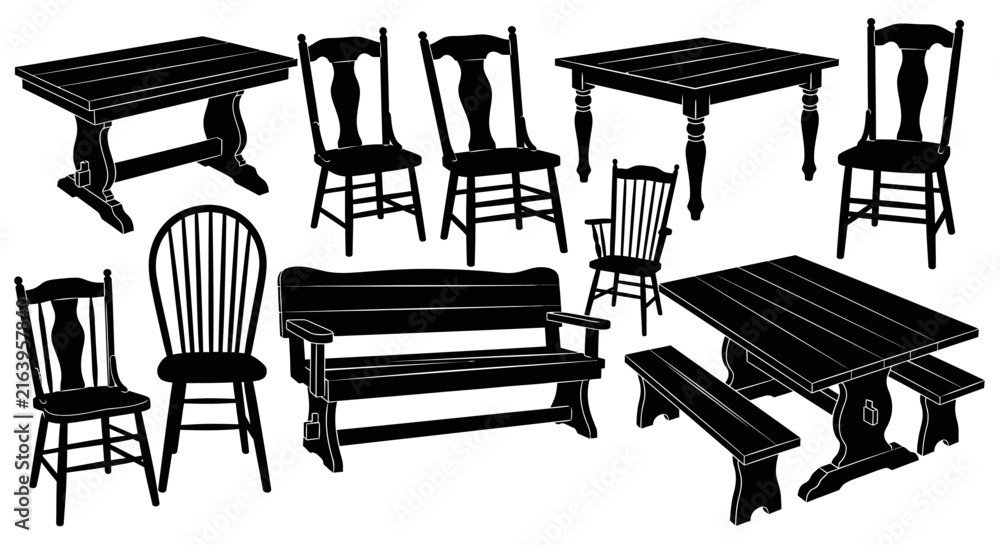 Fototapeta premium Black silhouettes of various wooden furniture with furniture pieces including including tables chairs bench armrests arranged illustration with background