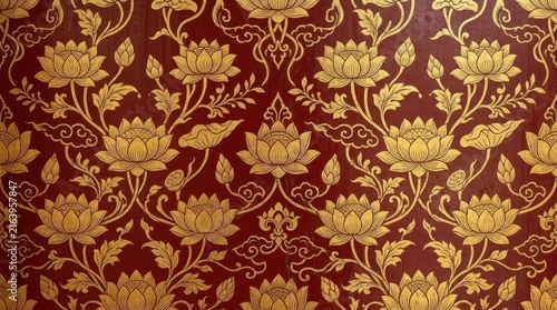 Golden Lotus Flower Patterned Fabric or Wallpaper
