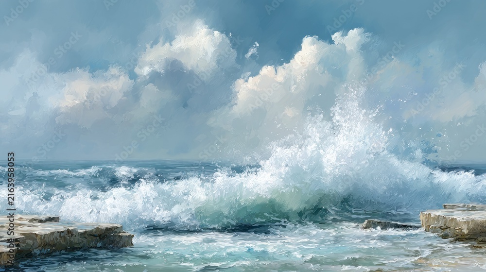 Fototapeta premium Expressive Oil Painting: Powerful Ocean Wave Crashing on Rocky Coastline Under Dramatic Sky