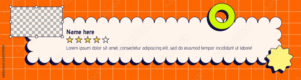 Naklejka premium Testimony layout with orange background. Neo brutalism style. Web banner size. Tiny elements.