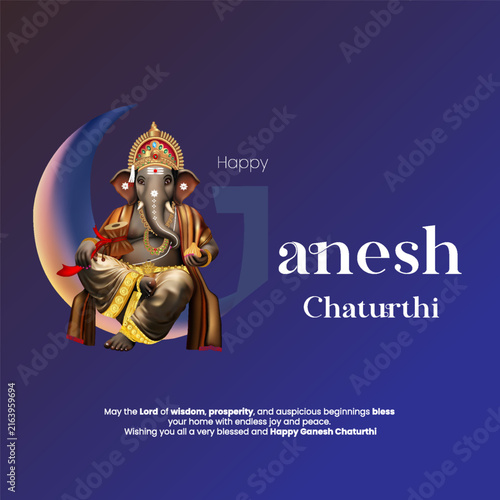 Картината върху платно Happy Ganesh Chaturthi festival banner design featuring Lord Ganesha idol on crescent moon with golden crown, modak sweets, and devotional wish message isolated on dark gradient background