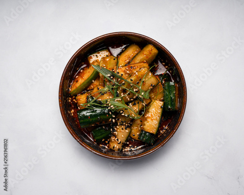 Canvas Print Top down view of spicy Asian cucumber salad