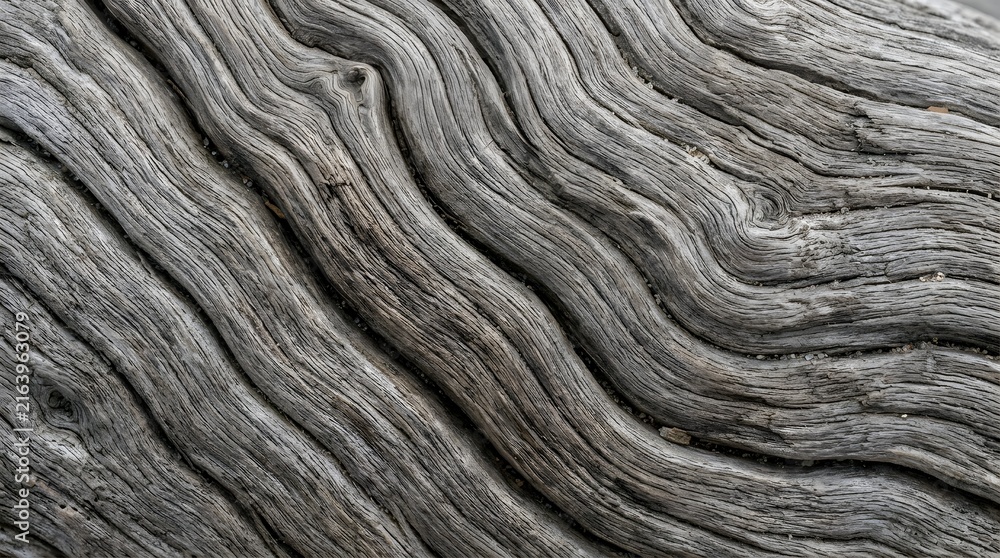 Fototapeta premium Weathered driftwood texture with wavy grain patterns, aged gray wood surface, natural organic timber background for rustic design