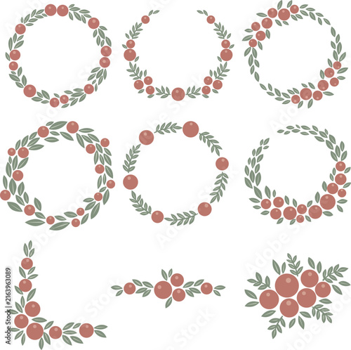 Vintage Christmas Wreath with Red Wild Berries and Dusty Green Leaves for Christmas Holiday, new year and Classic Winter Seasonal.