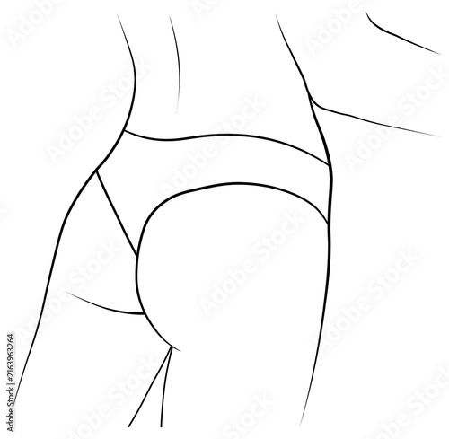 buttocks, woman in swimsuit, bikini, panties, hand-drawn, black and white vector