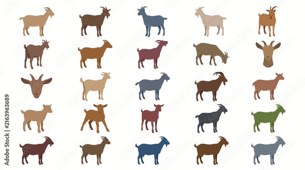 Fototapeta premium Set of various flat vector goat icons in different colors and poses.