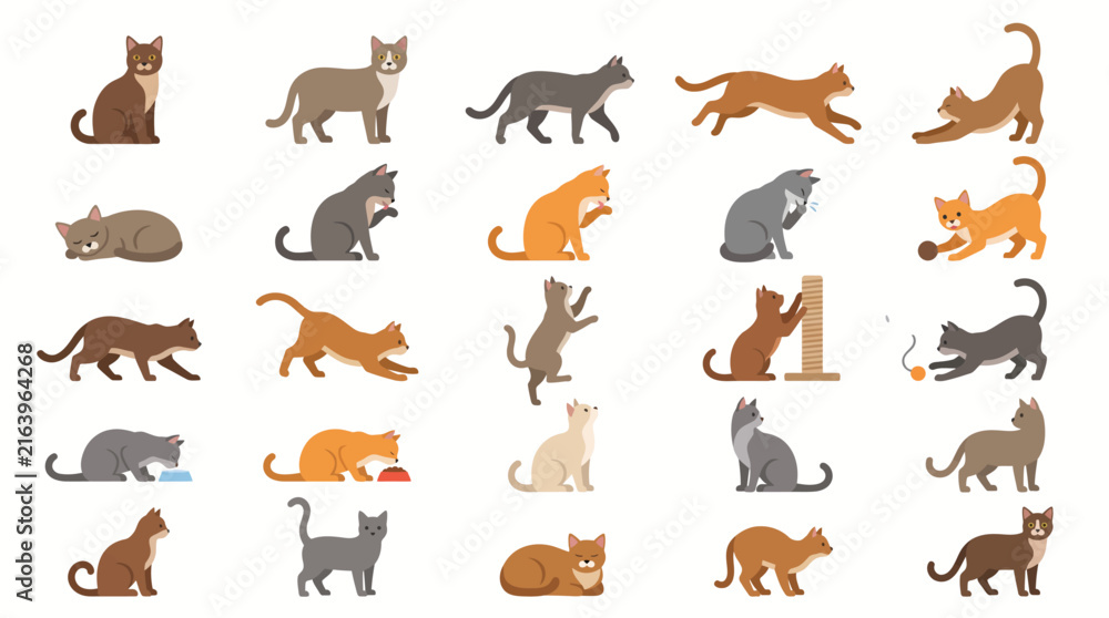 Obraz premium Set of various cat poses and activities in a flat vector illustration style.
