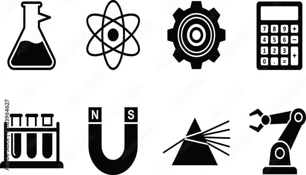 Fototapeta premium Science and Physics Icon Set Black Silhouette Vector with Flask Atom Gear Calculator Test Tubes Magnet Prism and Robotic Arm