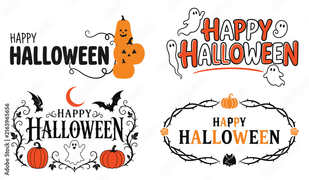 Fototapeta premium Happy halloween typography with cute ghosts, stacked pumpkins, and thorn frames generated using ai