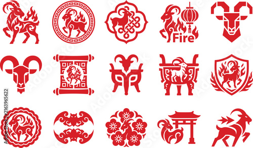 Red Chinese Zodiac Fire Goat Icon Collection with Traditional Oriental Symbols for Holiday Graphic Design Projects