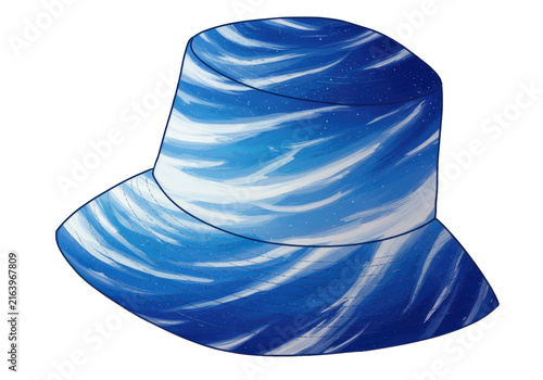 Bucket hat with abstract blue and white swirls and starry speckles design isolated white background