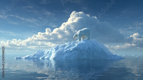 Solitary Polar Bear on Iceberg, Arctic Landscape, Blue Sky and Water