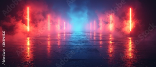 Futuristic Neon Lit Corridor with Red and Blue Hues, Reflective Surface, Atmospheric Fog.