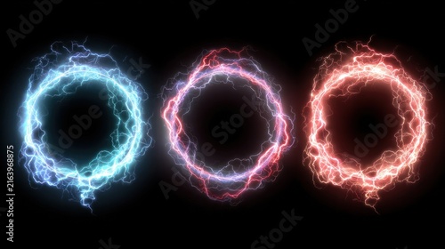 Three vibrant, crackling energy rings of blue, purple, and red lightning against a stark black background.