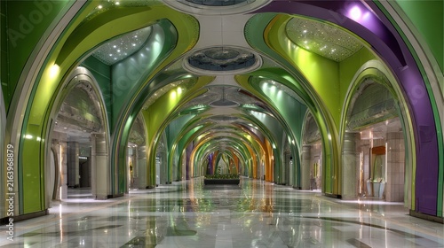 Futuristic Architectural Hallway with Vibrant Green and Purple Arches Reflecting on Polished Floor