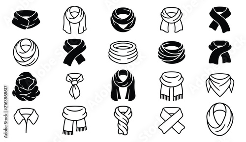 Foto Collection of black and white scarf and neckwear icons in various styles and arr