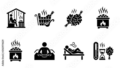Sauna Icons Set, Steam Bath Pictograms, Relaxation Symbols, Wellness Graphics