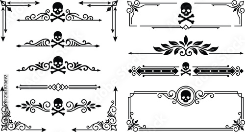 Black Skull and Crossbones Ornamental Borders with Decorative Frames Design Elements
