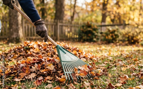 Person raking autumn leaves in a backyard garden, yard maintenance concept for seasonal cleanup and landscaping projects