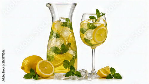 Lemon mint infused water in glass pitcher and goblet on white  