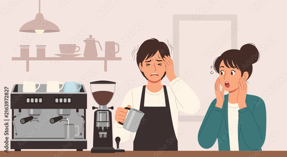 Fototapeta premium Stressed barista fumbling with coffee machine, customer shocked