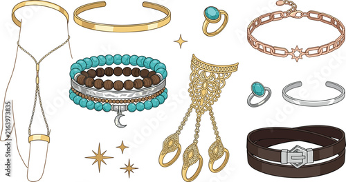 Bild auf Leinwand Elegant Jewelry and Fashion Accessories Collection with Bracelets, Rings, Headba