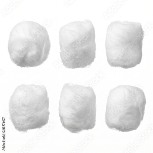 Set of six soft white cotton balls isolated on white background