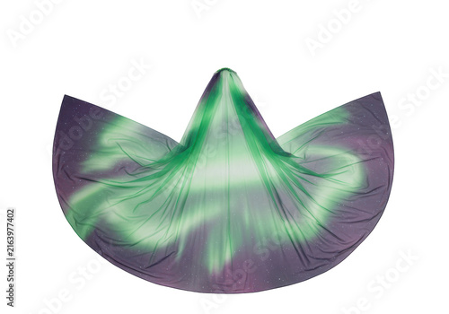 Flowing aurora borealis fabric with starry night sky pattern and sheer green overlay isolated white background