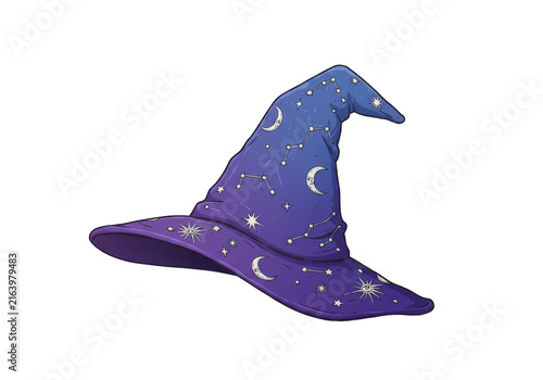 Whimsical wizard's hat with celestial constellations and crescent moons isolated white background