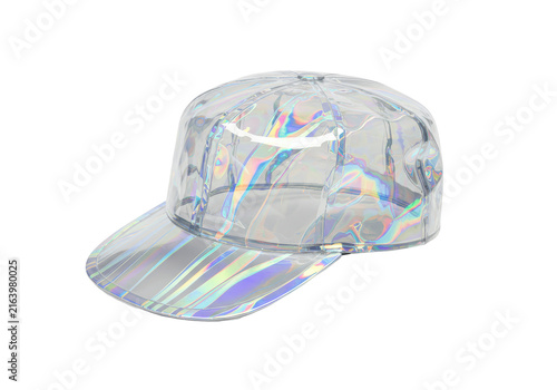 Iridescent transparent baseball cap with holographic sheen and subtle logo detail isolated white background