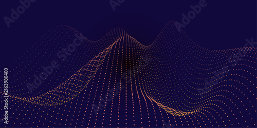 Abstract digital landscape with flowing particles and wave patterns on a dark blue background, representing data visualization, technology, and futuristic network connectivity