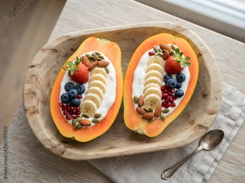 Halved papaya boats filled with yogurt and fresh fruits on wooden table