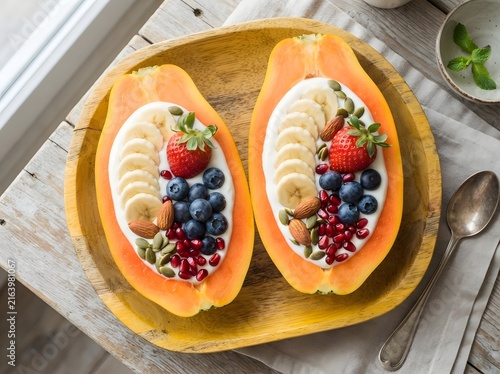 Papaya halves filled with yogurt and fruit toppings in wooden bowl