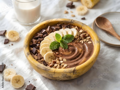 Chocolate banana smoothie bowl topped with granola slices and fresh mint leaves